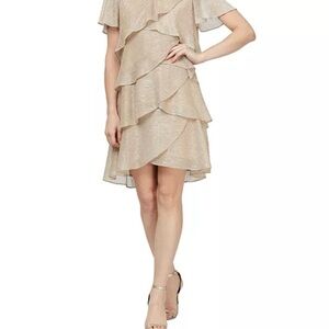 SLNY Elegant Beige Layered Dress